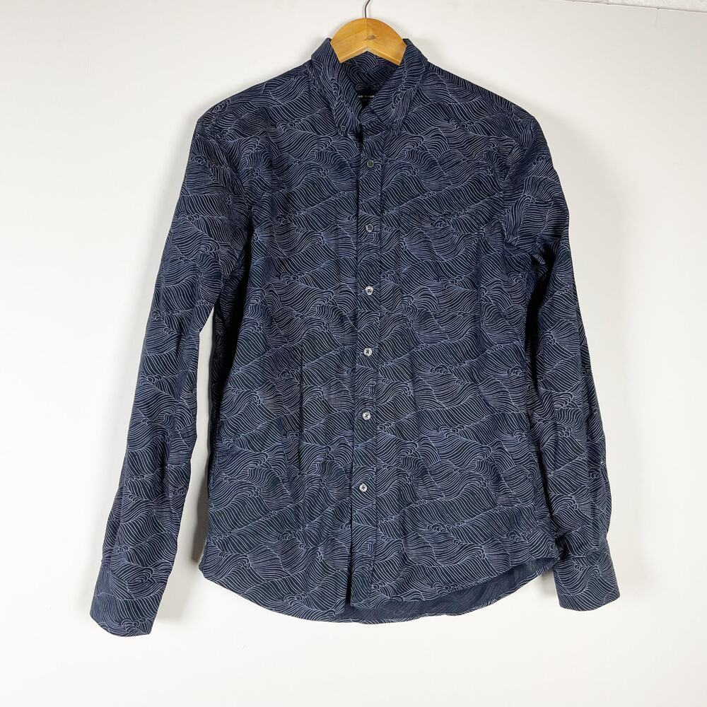 Club Monaco blue white and black patterned mens button down shirt Size Small